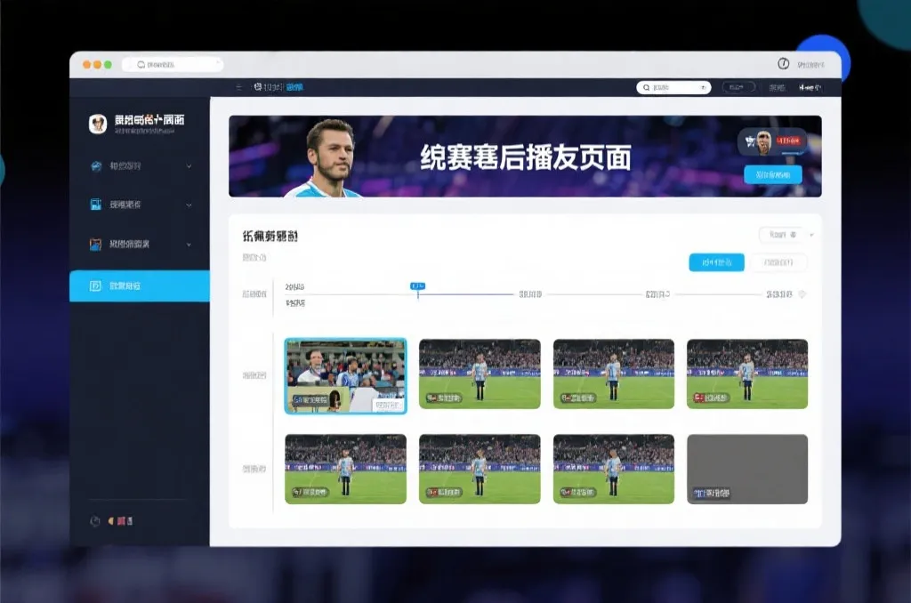 比赛结束后，电视屏幕展示集锦回放页面，旁边有时间轴和多角度切换提示